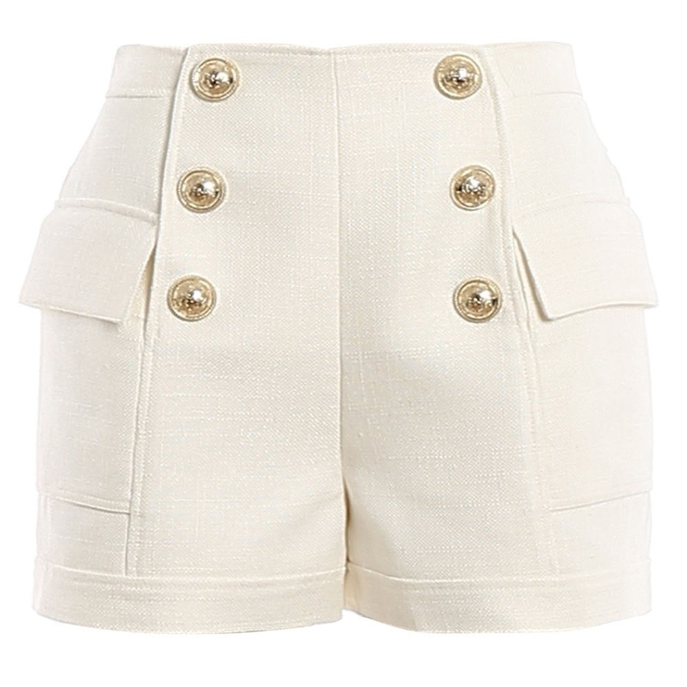 Balmain Cream 6 gold button double-breasted boucle Textured Shorts